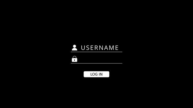 Login Animation until rotating hourglass as a loading page. Username and Password Fields with character and asterisk typing mode on black background for Secure Access. 