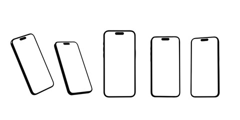 Group of diverse smartphone mockups, including angled and upright positions, featuring blank screens for app and website displays, perfect for tech presentations © Sorifa