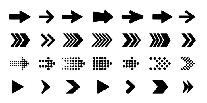 Group of 32 directional arrows in various styles: solid outline dotted chevron and bold shapes, black rightward pointing arrows on white background, vector set for navigation and design