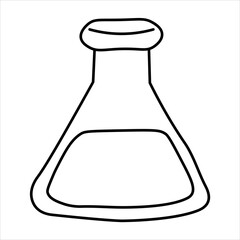 A simple, hand-drawn black and white illustration of an Erlenmeyer flask containing a liquid.