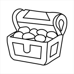 A simple black and white line drawing of an open treasure chest overflowing with gold coins.