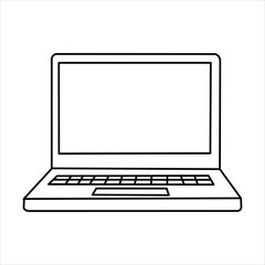 A simple, clean line drawing of an open laptop computer, viewed from the front, with its screen and keyboard clearly visible.