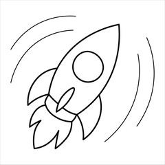 A simple black and white line drawing of a cartoon rocket ship blasting off with flames and motion lines.