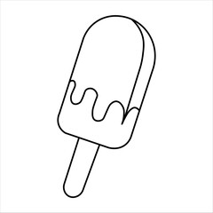 Simple black and white outline drawing of a melting ice cream bar on a stick, a sweet frozen dessert.
