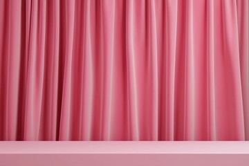 Fototapeta premium Pink velvet drapes framing an empty product display platform, creating a soft, elegant background for showcasing items