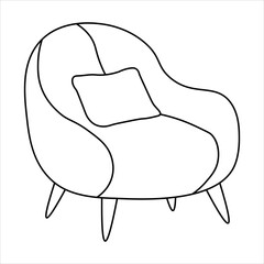 Simple line art drawing of a modern, comfortable armchair with a small decorative cushion, perfect for home interior design concepts.