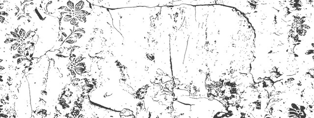 Fototapeta premium Monochrome Grunge Vector Texture Overlay Distressed Cracked Wall Surface with Faded Vintage Floral Damask Pattern Background