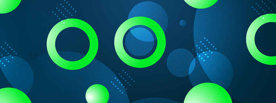 Vibrant blue background featuring glowing green rings and overlapping circular geometric elements with subtle patterns