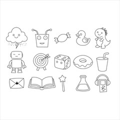 A collection of simple black and white line art icons featuring various objects like a cloud, robot, duck, donut, book, and music player.