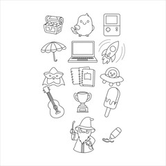 A collection of simple line art icons featuring a treasure chest, bird, game console, umbrella, laptop, rocket, superhero, notebook, UFO, guitar, trophy, popsicle, wizard, and drawing pencil.