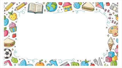 Fototapeta premium Vibrant school supplies border with food and education icons