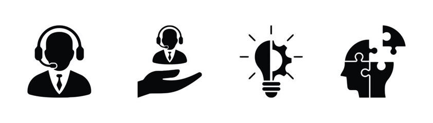 Icons representing customer support, assistance, and innovative ideas, featuring a headset operator, helping hand, lightbulb with gear, and puzzle head concept, conveying service and creativity. © Sorifa