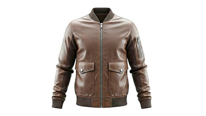 Naklejka premium Brown Leather Bomber Jacket with Zipper Pockets