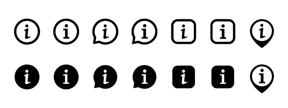 Information icon set in various shapes including circle square speech bubble and location pin styles with thin line and solid fill versions for user interface and support help desk documentation
