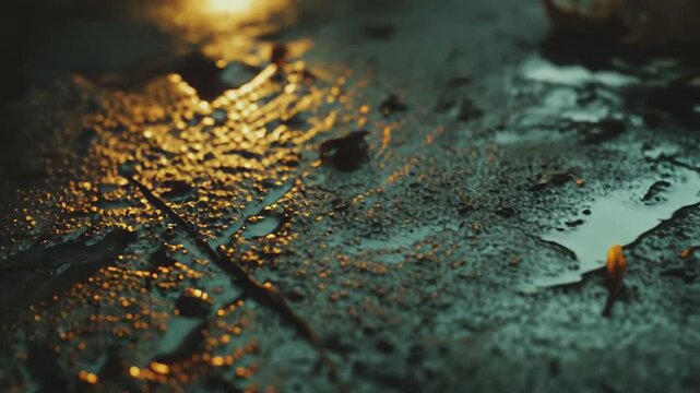 Fallen leaf on a wet, dark pavement reflecting bright street light, creating a stark contrast and mood of solemnity, urban life, and the changing seasons