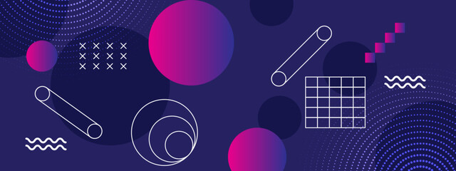 Professional dark blue background featuring neon pink circles and white geometric line art elements