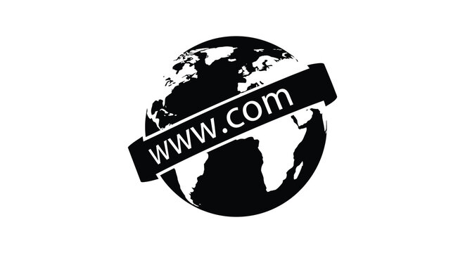 A striking black and white graphic depicts a globe partially obscured by a bold angled banner displaying www com