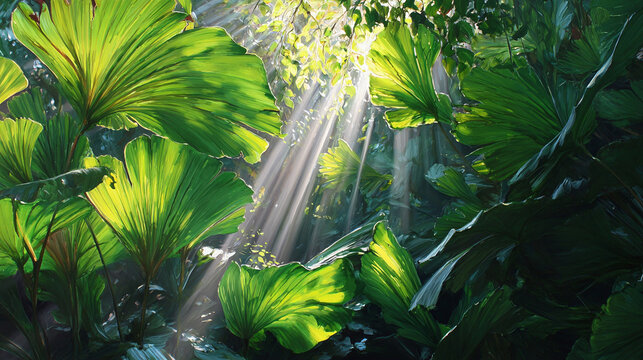 Sunlight filtering through lush, green leaves creates a stunning display of light and shadow