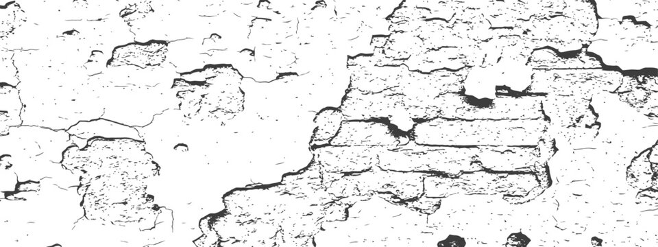 Distressed grunge overlay texture of peeling plaster and cracked paint revealing brickwork vector background design element