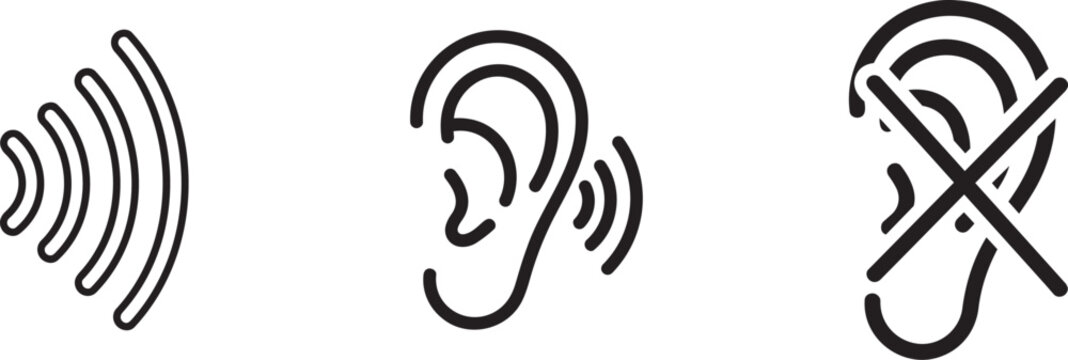 Sound and hearing icons set showing audio waves, listening ear and mute symbol for communication concepts