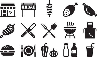 Obraz premium A comprehensive set of black flat icons representing delicious kebab and various barbecue cooking elements