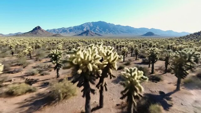 Sweeping vertical drone shot descending slowly over a vast, geometric field of bright green staghorn cholla cacti formations extending toward the distant mountain range green plants, top down, scale