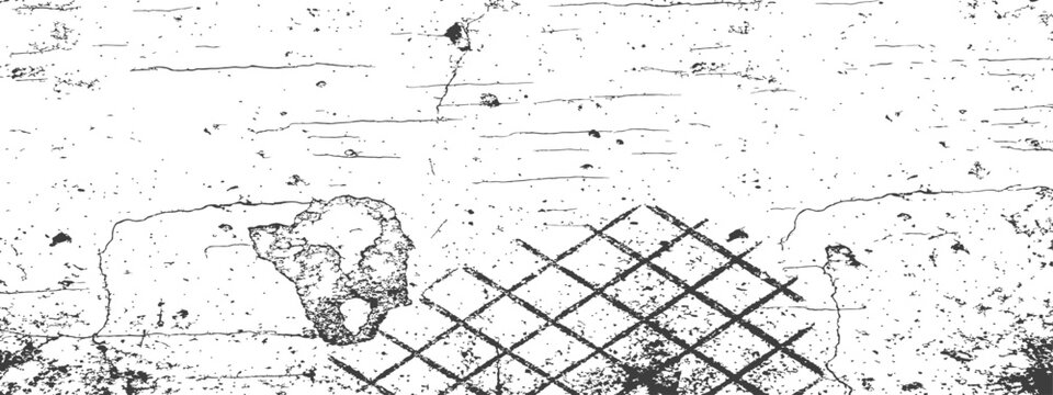 Distressed grunge vector overlay with concrete cracks, dust splatter, and crosshatch grid pattern Abstract black and white texture background