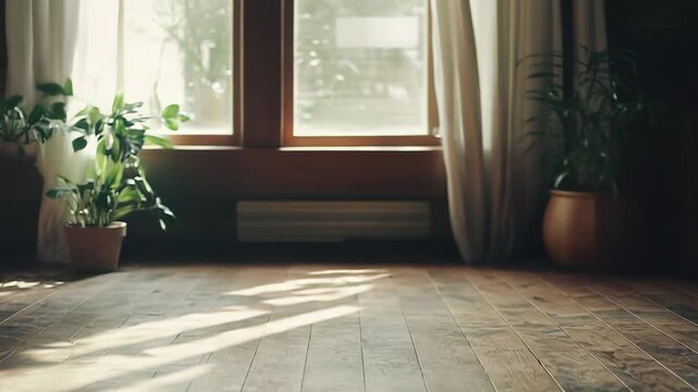 Wooden floor covered with warm sunlight streaming through blurry windows, creating inviting patterns of light and shadow across the rustic planks, with potted plants in the soft background