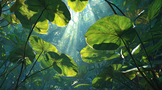 Sunlight streaming through lush green leaves, creating a beautiful display