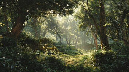Obraz premium A serene forest scene bathed in sunlight, evoking a sense of tranquility and natural beauty. The sunlight filtering through the trees creates a magical atmosphere