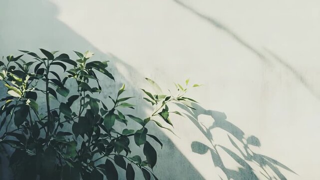 Green plant leaves creating distinct organic shadow patterns and bright sunlight on a rustic textured wall, forming a tranquil and minimalist natural background