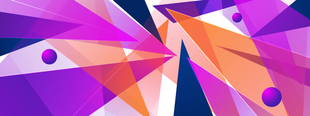 Obraz premium Dynamic composition of overlapping translucent purple and orange triangles with 3D spheres for a futuristic look