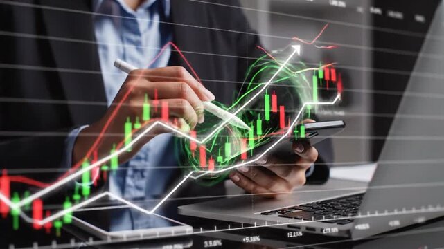 Analyzing financial trends on laptop with digital graphs and charts overlay