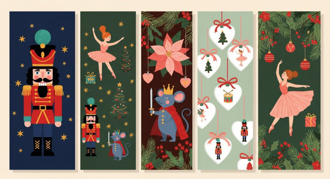 Nutcracker Day Holiday Banners Showcasing Classic Nutcracker Characters, Graceful Ballerinas, and Festive Christmas Decorations for Winter Season Decor