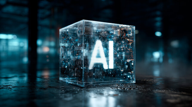 Glass cube containing AI letters representing artificial intelligence innovation and future computing