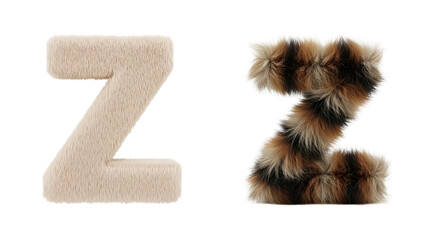 Two stylized letter Zs with textured, fur-like surfaces, set against a stark black background. One is a solid beige, the other a mix of brown and black