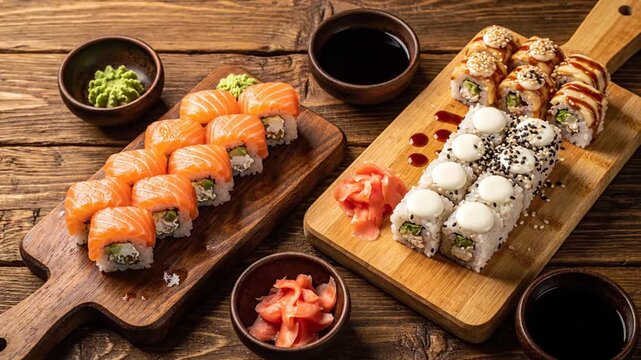 Sushi assortment on wood board.