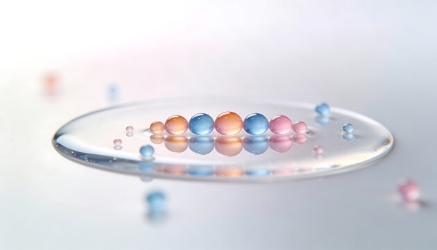 3d macro clear gel droplet puddle with colorful microcapsule beads representing vitamins active ingredients and cosmetic formulation concept on white background