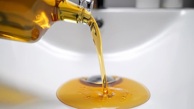 Pouring oil down the drain, a wasteful and environmentally damaging act.