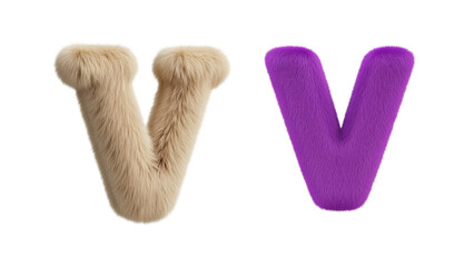 Two whimsical, fluffy letter "V" shapes, one beige, one purple, against a stark black backdrop