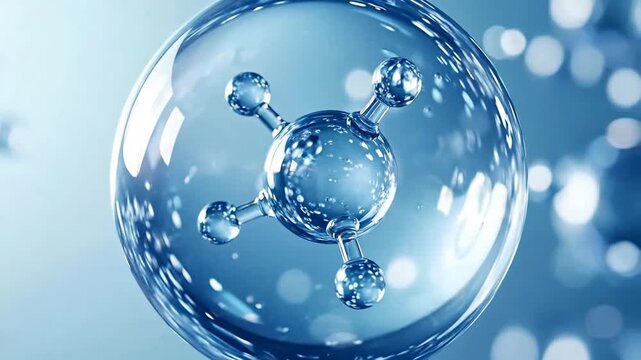 Molecular structure inside a water bubble, representing science, medicine, and the purity of water.