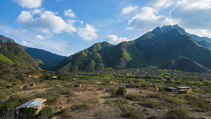 Aerial drone panoramic natural landscapes of Lambayeque, Peru, featuring forests, agricultural fields, and rural scenery near main cities and villages, ideal for tourism, marketing and graphic design