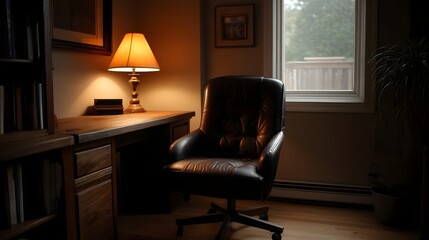 Fototapeta premium Warmly lit study with a classic leather executive chair wooden desk and a prominent desk lamp creating a cozy atmosphere