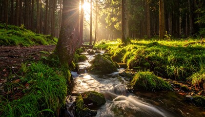 Obraz premium Sunlight streams through trees, reflecting off a flowing stream in a forest