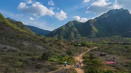 Aerial drone panoramic natural landscapes of Lambayeque, Peru, featuring forests, agricultural fields, and rural scenery near main cities and villages, ideal for tourism, marketing and graphic design