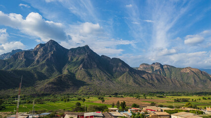 Aerial drone panoramic natural landscapes of Lambayeque, Peru, featuring forests, agricultural fields, and rural scenery near main cities and villages, ideal for tourism, marketing and graphic design