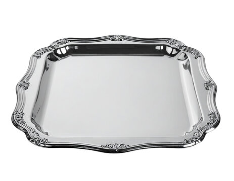 Ornate silver tray with decorative scrolled edges and raised rim