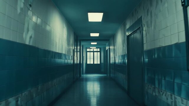 Long, narrow corridor creating an unsettling atmosphere with tiled walls and floor, leading towards a bright window at the end, emphasizing concepts of healthcare, fear, and solitude