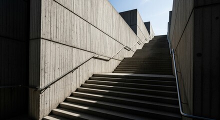 Fototapeta premium Geometric outdoor staircase ascends between stark concrete walls under bright sunlight