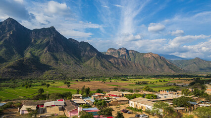 Aerial drone panoramic natural landscapes of Lambayeque, Peru, featuring forests, agricultural fields, and rural scenery near main cities and villages, ideal for tourism, marketing and graphic design